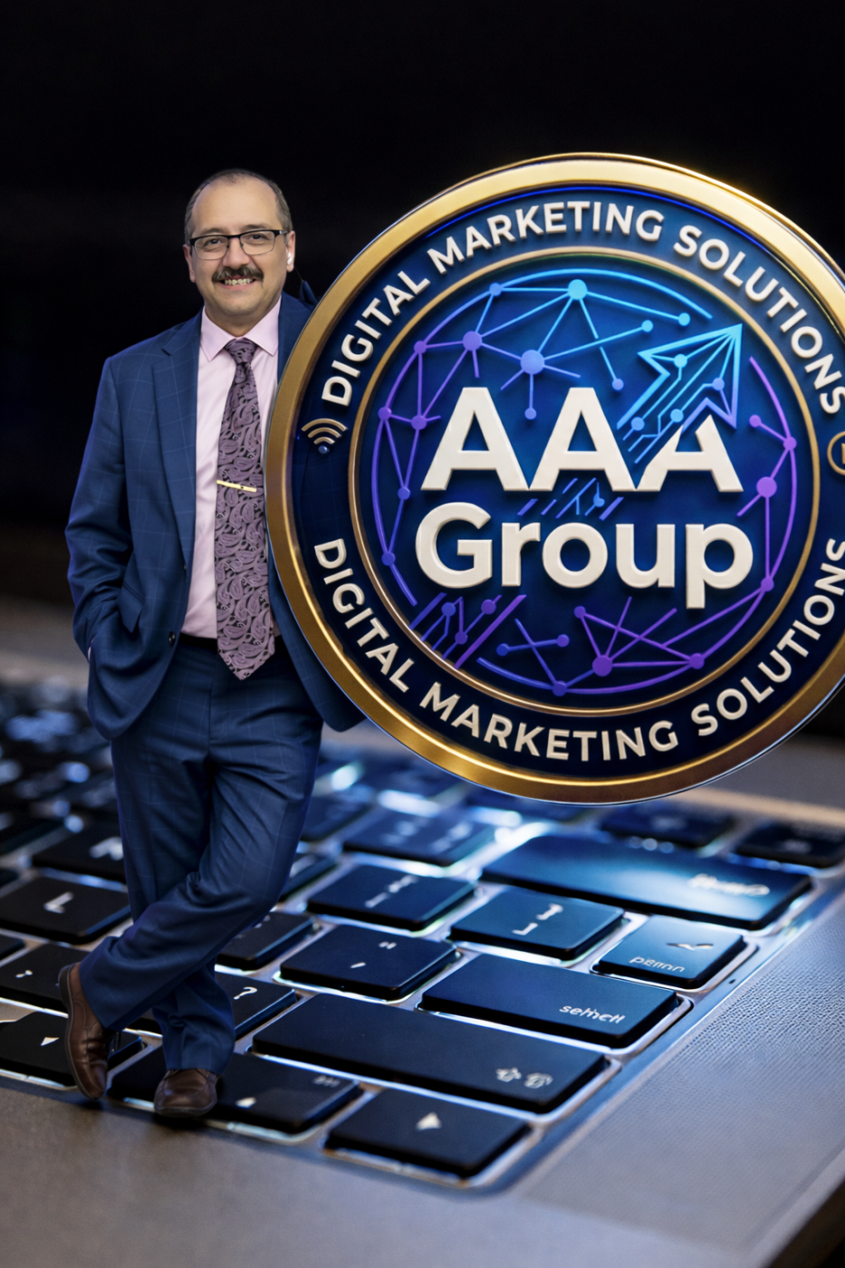 Miniature man on glowing laptop keys